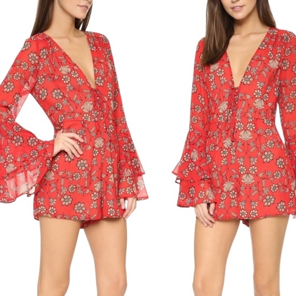 For Love & Lemons Pisa Red Floral Long Sleeve Romper - Picture 1 of 10